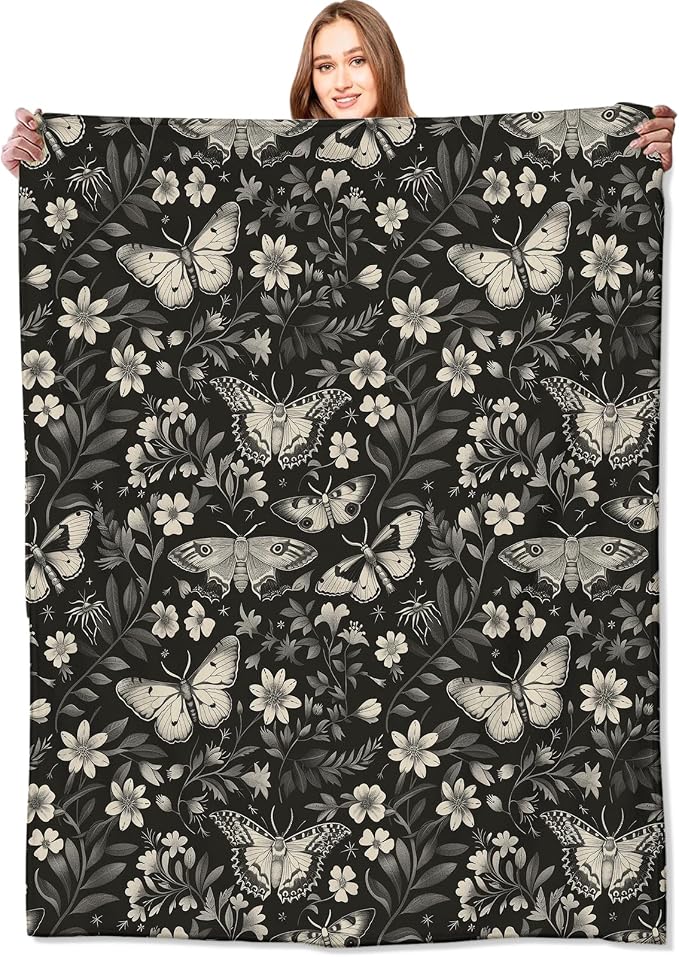 Vintage Moth Blanket Classic Black White Goth Floral Flower Throw Blankets Gifts for Men Women Lightweight Soft Fleece Cozy for Sofa Couch Bed Room Travel Birthday Party Decor 40x50in