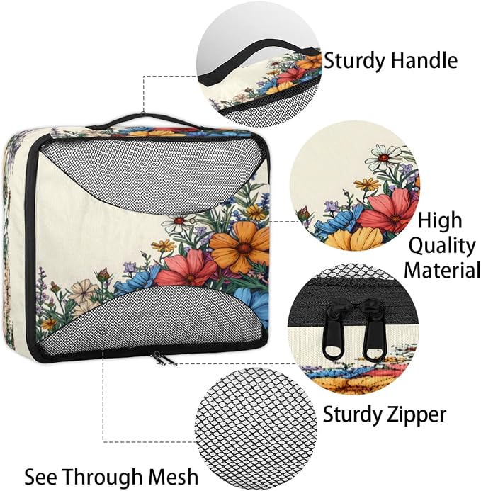 Packing Cubes for Travel, Vintage Floral Travel Luggage Packing Organizers for Women Men, Large Custom Toiletries Bag for Clothes Shoes, Retro Pretty Colorful Flower