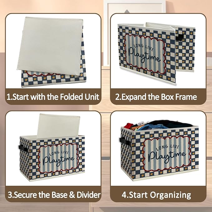 Kids Playroom Cube Storage Bins with Handles, Long Live Playtime Blue Checkered Collapsible Fabric Storage Basket Boxes Books Clothes Organizer for Kids Boys Bedroom Playroom Bathroom