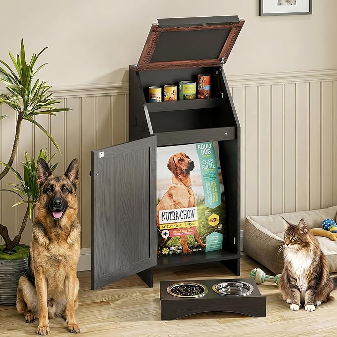 Dog Food Feeding Station with Storage, Pet Food Storage Cabinet with Bowls and Flip-Top Blackboard, Hidden Trash Can, Pet Organizer Cabinet for Dog and Cat, Black