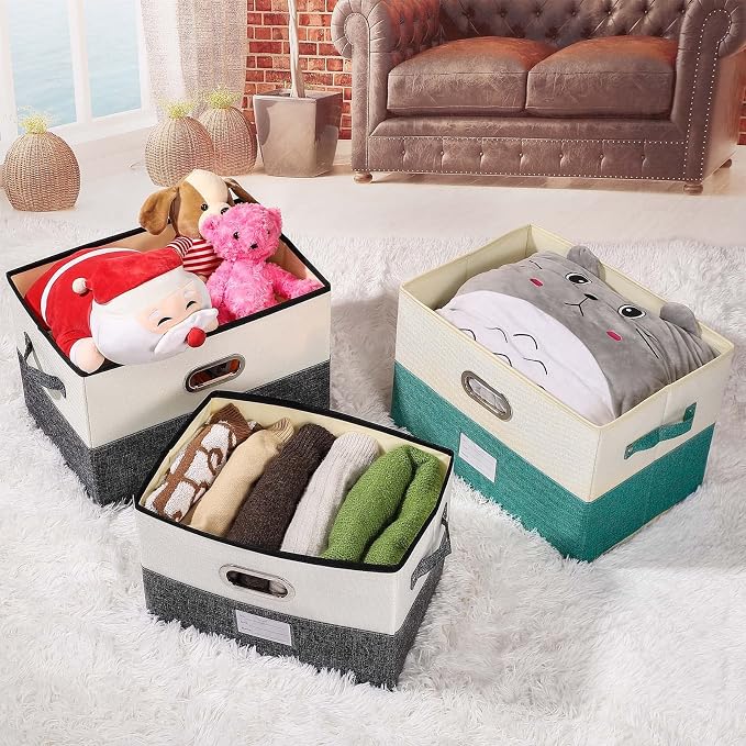 Large Linen Fabric Foldable Storage Bins with Removable Lid and Handles, Washable Storage Box Organizer Containers Baskets Cube with Cover for Bedroom,Office(Green&Cream, Large(2-Pack))