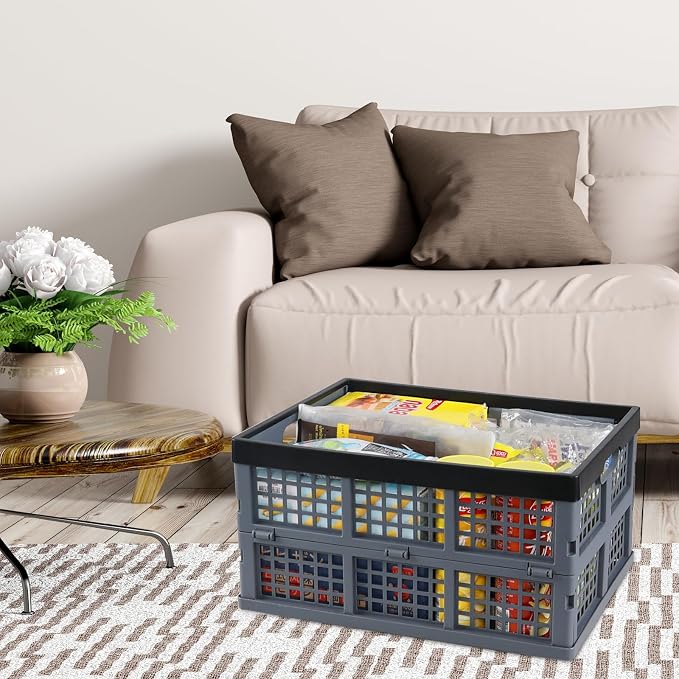 Folding Storage Crate 34 L, Collapsible Milk Crate 3 Packs, Grey