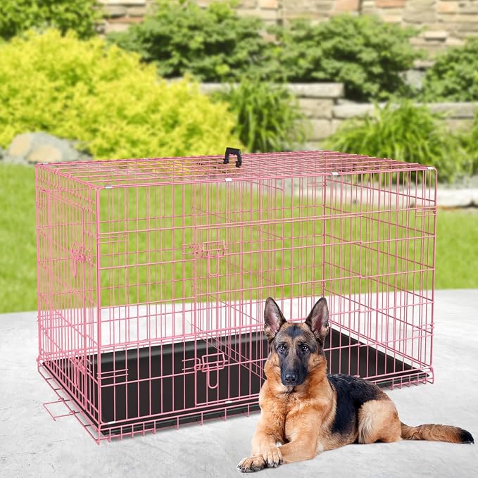 BestPet | Dog Crate | 42" | Pink | Foldable Metal Kennel with Double Doors | Secure Slide-Bolt Latches, Leakproof Tray | Portable Dog Cage for Large Breeds | for Travel, Indoor & Outdoor Use