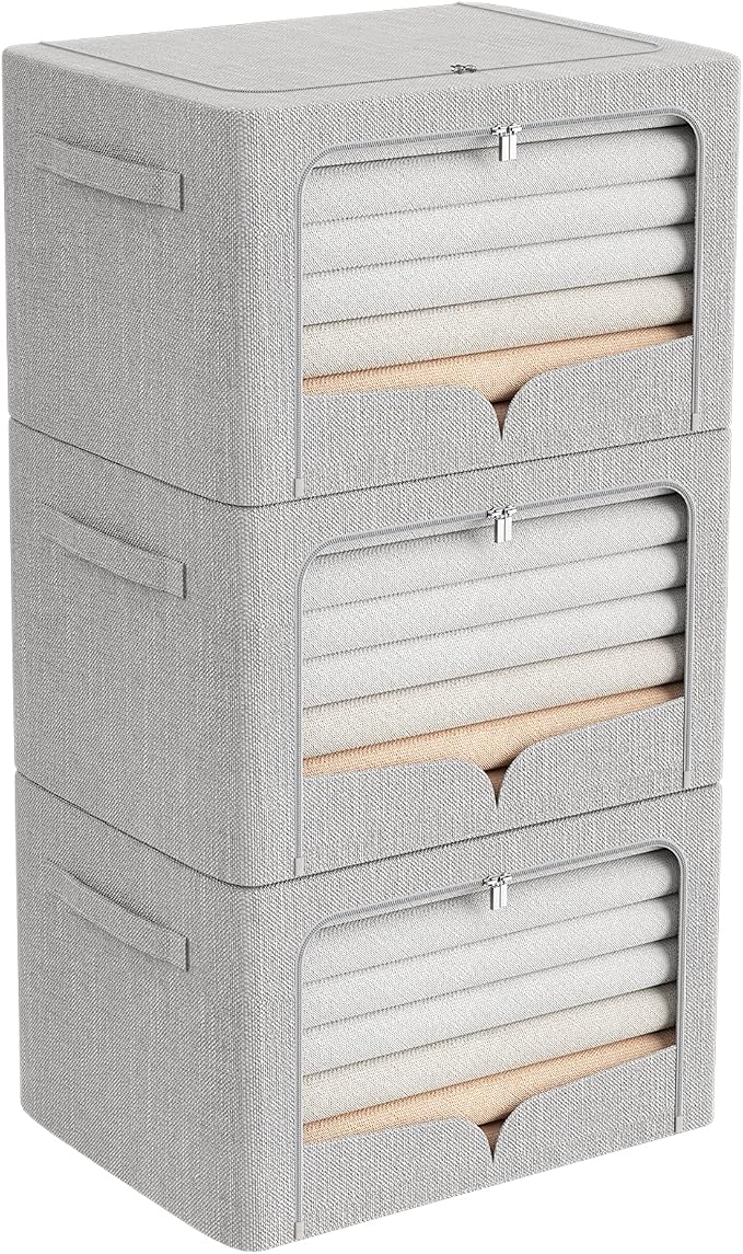 FHSQX 3 Pack Clothes Storage Bins Foldable Metal Frame Storage Box Extra Large Stackable Linen Fabric Organizer Set with Carrying Handles and Clear Window (Light Gray, 23.6x16.5x15.7inch(100L))