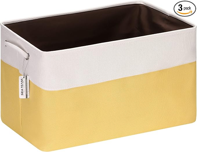 Sea Team Oversized Rectangle Canvas Open-Top Storage Baskets, 3-Pack | Collapsible Fabric Storage Bins with Handles, Closet Shelf Organizers, 22 x 15 x 13 Inches, Yellow & White