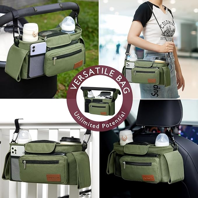 Momcozy Universal Stroller Organizer with Insulated Cup Holder | Detachable Phone Bag and Shoulder Strap, Fits for Uppababy, Baby Jogger, Britax, BOB, Umbrella, and Pet Strollers