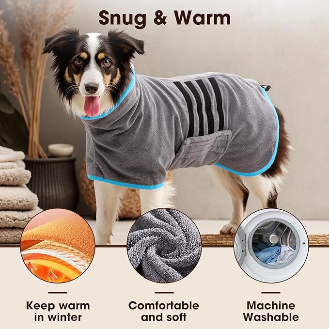Microfibre Dog Bathrobe Towel Wrap Super Absorbent Dog Drying Coat Bath Robe for Puppy, Medium & Large Dogs, Fast Drying, Adjustable