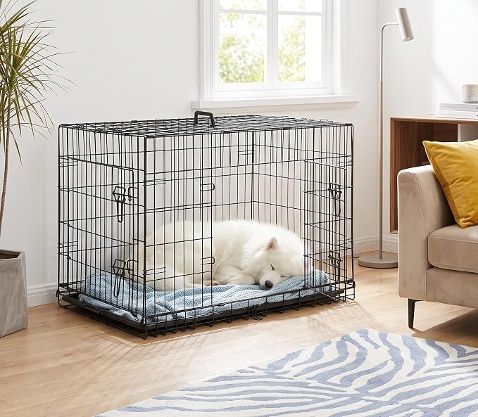 Large Dog Crate with Double Door, 48 Inch Folding Metal Wire Kennel Cage | Collapsible Metal Kennel for Puppies, Medium to Large Dogs, Removable Tray and Foldable for Easy Storage