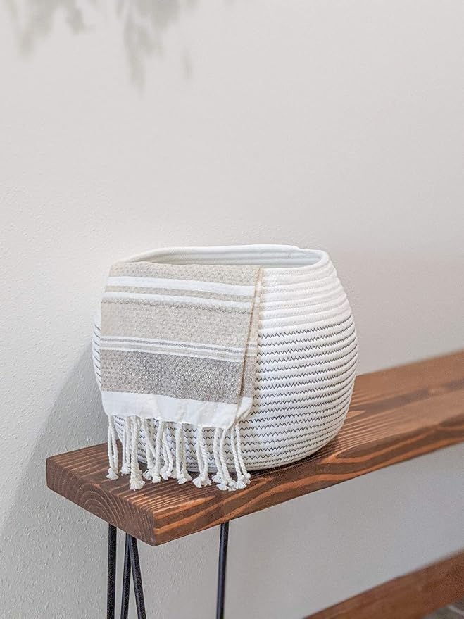 Goodpick Round Woven Rope Storage Basket for Shelves, 10" x 8.3", White | Decotative Small Basket for Toy Storage, Baby Gift Basket with Handles, Fits Living Roon & Nursery Décor, Plant Baskets