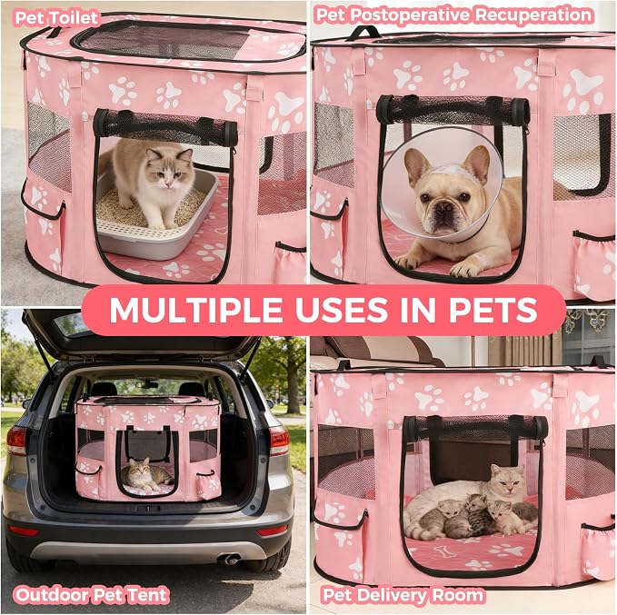 Homimp Portable Pet Playpen for Indoor Cats & Puppies, Foldable Dog Playpen Outdoor Tent Crate Cage with Pee Pad & Carry Bag, Pet Crate with Mesh Sides for Small Animals Travel, Pink S
