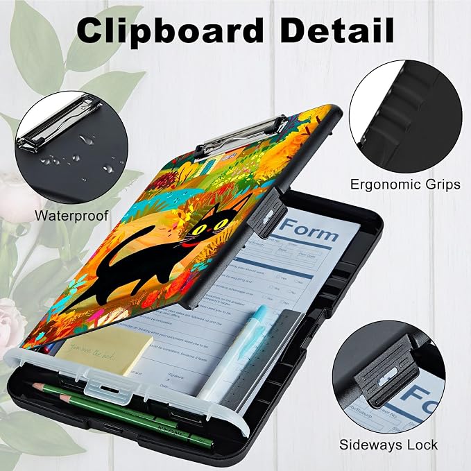 Black Cat in Autumn A4 Clipboard with Storage Pen Holder, Clipboards Organizer Nursing Clipboard Foldable File Folder Plastic Clipboard Folio Clip Board for Office Students Classroom Doctor