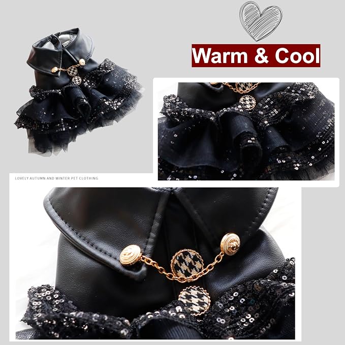Dog Pu Leather Jacket Warm Cool Pet Winter Coat Apparel Motorcycle Clothes Waterproof Snow Protection Windproof Halloween Rock Star Costume (Black, Large)
