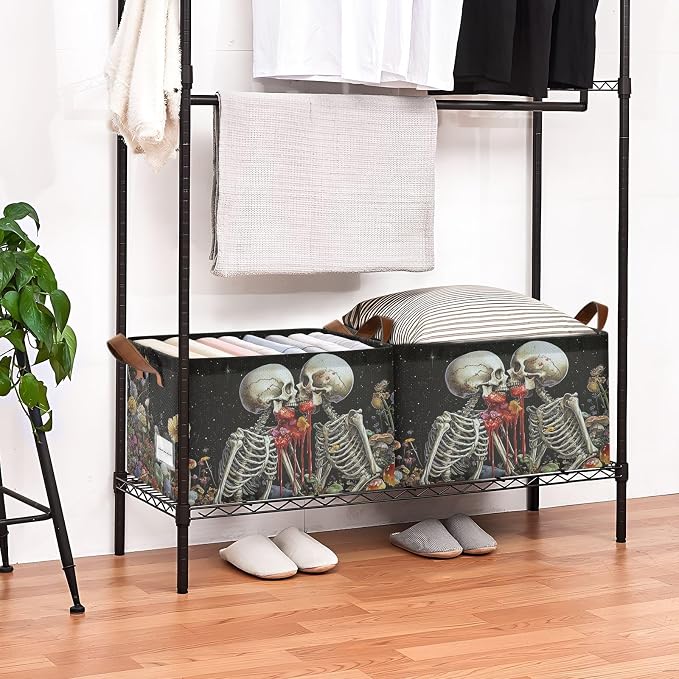 Black Skeleton Gothic Storage Bins for Shelves with Labels&Handles Halloween Organizer Bin Foldable Rectangle Storage Basket Black Goth Skull Boxes for Closet, Bathroom, Home, Room, Laundry, 2 PC