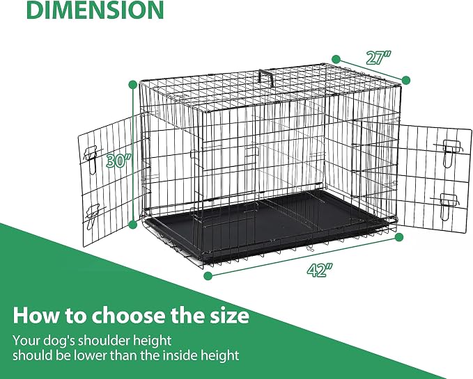 Foldable Dog Cage - 42 Inch Kennel, Double Door w/Leak-Proof Tray, Collapsible Metal Cage for Medium Dogs, Indoor Use
