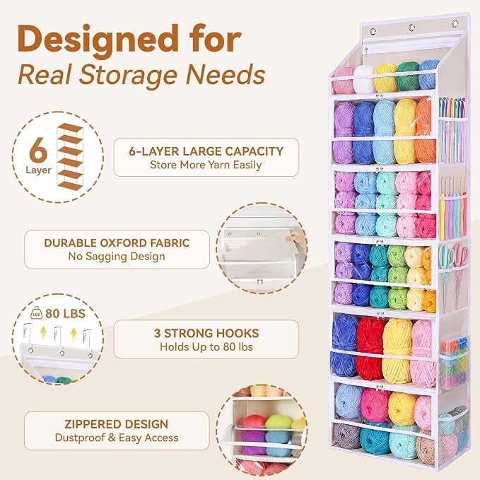 Over the Door Yarn Storage Organizer, 6-Tier Large Capacity Yarn Organizer | with Zippered Compartments & Mesh Pockets for Yarn, Needles and Crochet Hooks