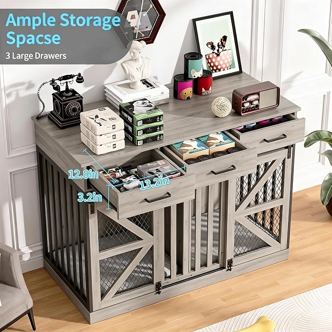 Spacesea Large Dog Crate Furniture with Sliding Barn Door, 48" Wooden Dog Kennel Indoor End Side Table for Home Decor, Removable Divider, 3 Drawers, Furniture Style Dog Crate TV Stand