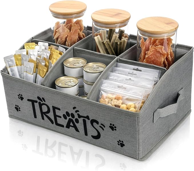 Pumtus Collapsible Dog Treat Container, Fabric Pet Food Box with Handle & Removable Divider, Countertop Cat Snack Storage Organizer, Large Pet Stuff Holder for Dog Treats Stick, Canned Food, Leashes