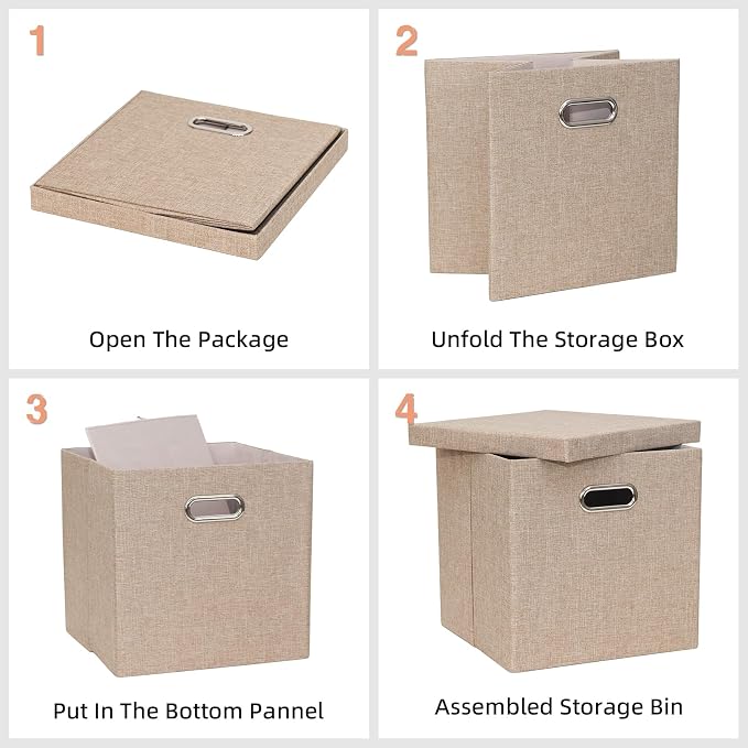 Storage Bins with Lids, Linen Fabric Boxes Organizer Containers with Lid Foldable Storage Box Basket for Closet, Shelves, Home, Office, 12 x 12 x 12 Inch, 4 Pack, Khaki, AG3006-7