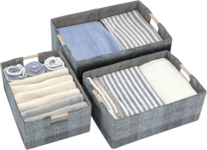 Fabric Storage Box, 13x9in Foldable Cotton Linen Basket with Wooden Handle | Small Rectangular Cube Decorative Home Laundry Organizer Clothes Blanket Container Organizing Clothes Sheet, Dark Gray Plaid