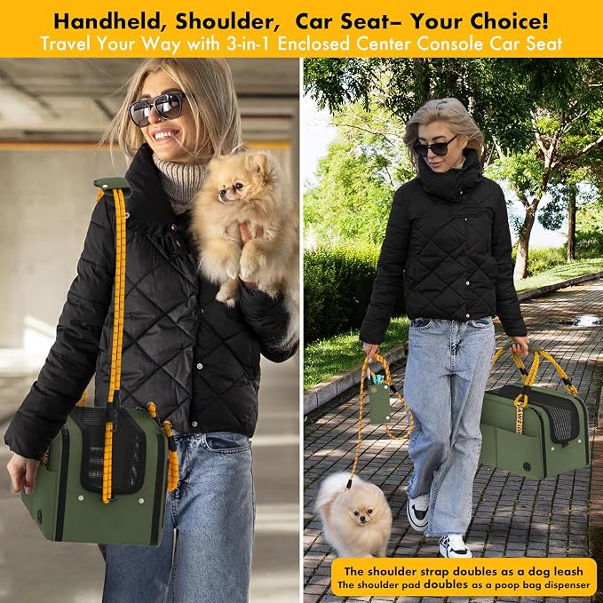 PAWZIDEA Center Console Dog Car Seat, Secure Straps & Anti Slip, Up to 12lb | Enclosed Small Dog Armrest Booster Car Seats, Anti-Collapse Portable Pet Carrier Soft-Sided, Removable Pillow &Storage Pocket