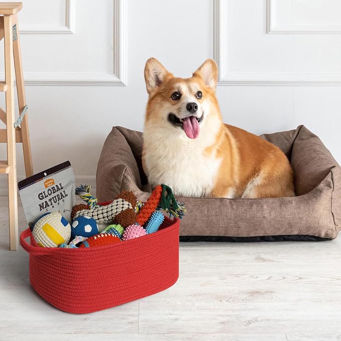 MEGASKET Red Woven Basket, 13.5” x 10” x 6” Red Empty Gift Basket to Fill, Decorative Cotton Rope Storage Bin for Organizing, Cute Baby Nursery Organizer, Rectangle Dog Toy Bin, Room Decor