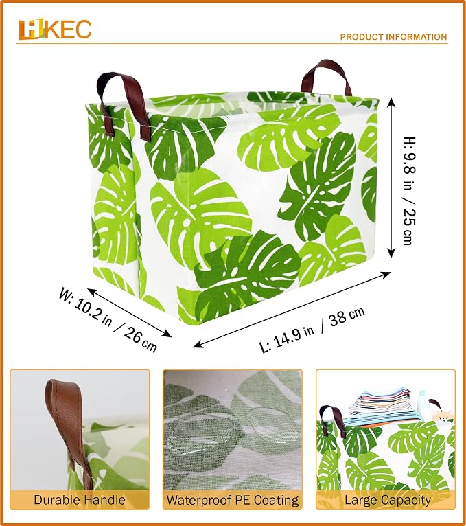 Rectangle Green Storage Basket,Clothes Basket with Handles, Collapsible Storage Box, Gift Basket, Room Decor(Banana leaf)