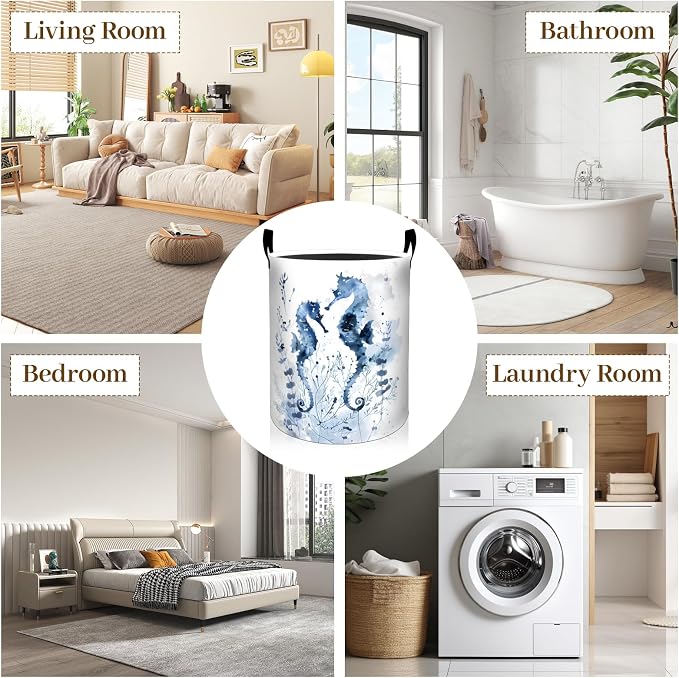 Seahorse Laundry Basket, Elegant Blue Watercolor Foldable Oxford Cloth, Waterproof Dirty Clothes Hamper with Handles, Clothing Storage Bin Toy Organizer for Bedroom Dorm Bathroom, 19.7"x15.7"