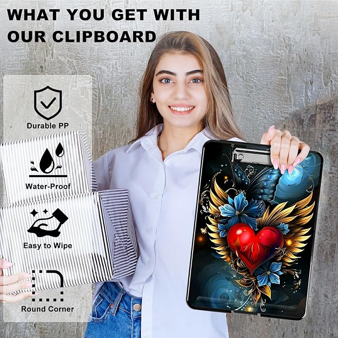 Winged Heart A4 Clipboard with Storage Pen Holder, Clipboards Organizer Nursing Clipboard Foldable File Folder Plastic Clipboard Folio Clip Board for Office Students Classroom Doctor