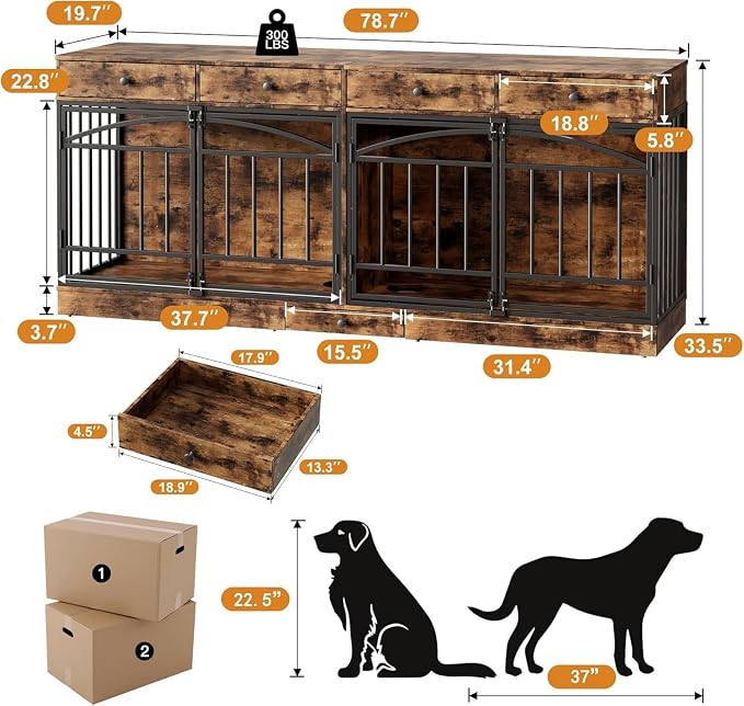Dog Crate Furniture for 2 Dogs, Double Dog Crate TV Stand, Brown | 78.7'' Large Dog Kennel Indoor, 4 Storage Drawers and Feeding Bowls, Pet Kennel for Small and Medium Dogs