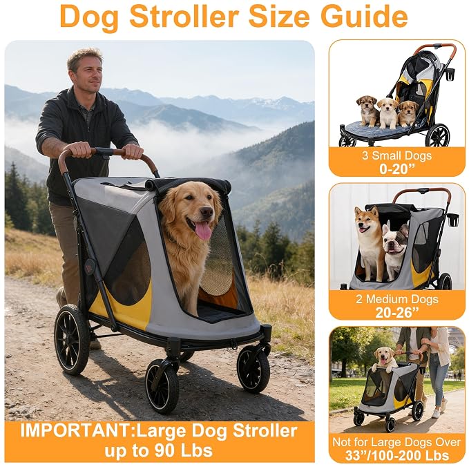 Dog Stroller for Large-Dogs: Easy Fold Dual Entry Onefoot Brake | All Terrain Dog Wagon Cart with Air Mesh, Ideal for Breeds up to 92 lbs