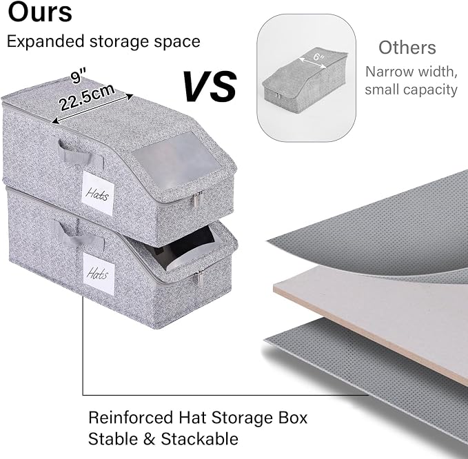 Furlide Hat Organizer for Baseball Caps, 2 Pack Stackable Storage Boxes | Protects 24-30 Caps From Dust and Pet Hair; Stackable Base, Clear Window, Front Opening and Handles Simplify Closet Storage.