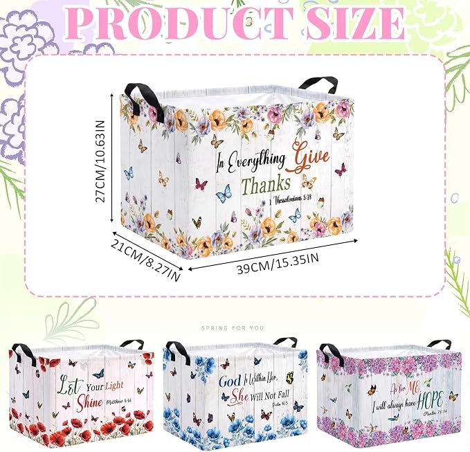 4 Pcs Christian Floral Storage Basket for Gifts Large Bible Verse Butterfly Floral Storage Bins with Handles 15 x 10 x 8 Fabric Inspirational Collapsible Organizer Boxes for Home Clothes Toys