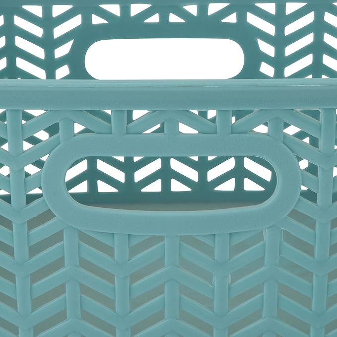Simplify 3 Pack Small Herringbone Storage Basket, Dimensions: 10"x8"x4", Herringbone Design, Light Weight, Great for Bathroom, Kitchen, Office, Closet, 2 Open Handles, Dusty Blue