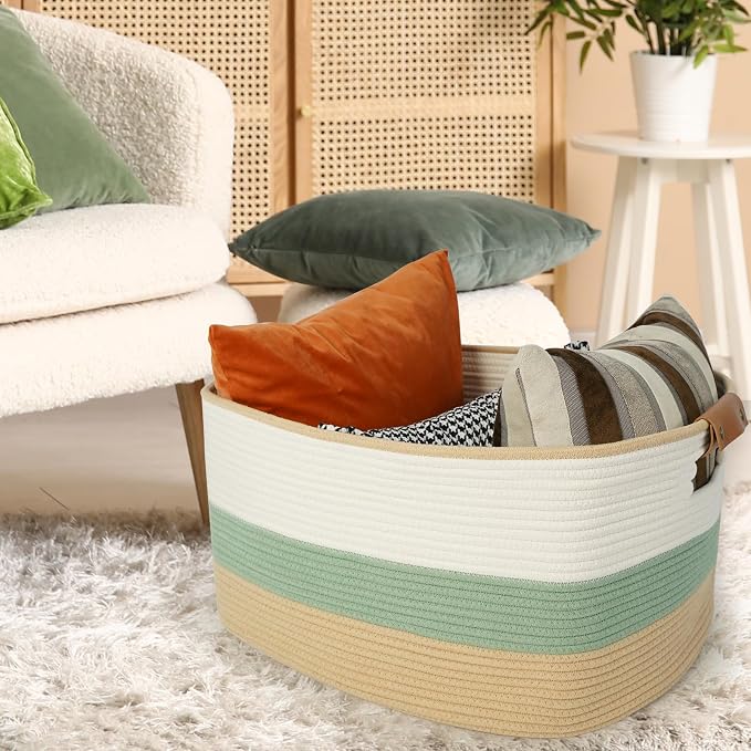 danpinera Large Woven Basket, 108L Rectangular Woven Storage Basket with Leather Handles, Stylish Organizer Bin for Home, Office, Laundry, Toys, or Blankets, 25’’*16’’*16’’ White & Green & Jute
