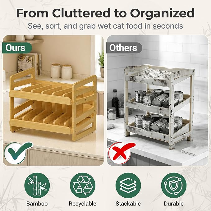Cat Food Can Organizer for 3 oz and 5.5 oz Cans, Wooden FIFO Dispenser | Canned cat food organizer with FIFO lanes, write-on labels, marker and anti-slip pads for pantry shelves and feeding stations