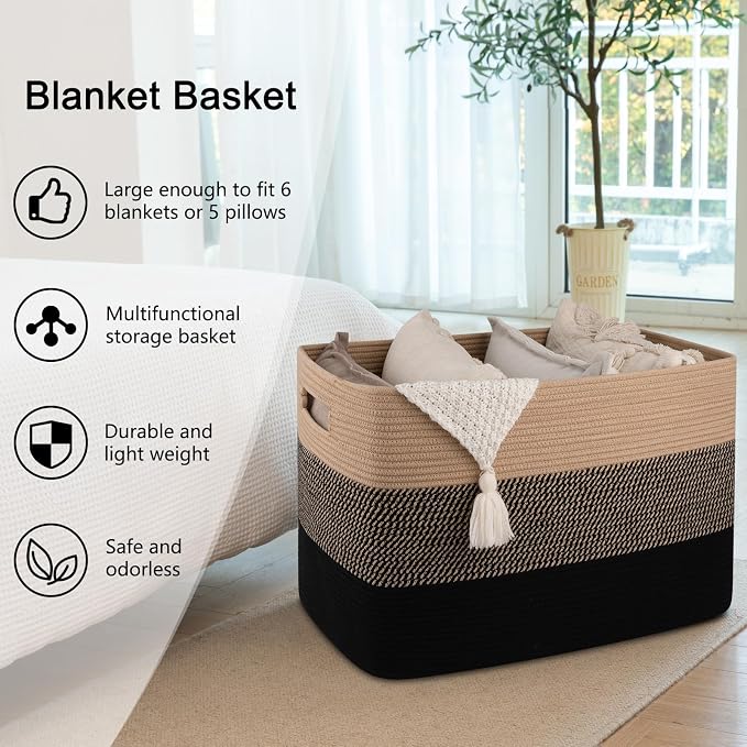 OIAHOMY 108L Extra Large Blanket Basket Dog Toy Basket Yellow and Black | Rectangle Woven Baskets for Storage Cotton Rope Basket For Living Room Toy Storage Blanket Storage Laundry Basket