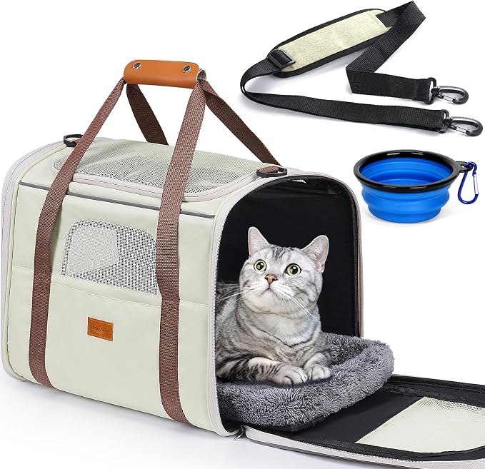Morpilot Cat Carrier Soft for Large Medium Cats and Puppy up to 18lbs | Pet Carrier with Safety Zippers, Foldable Bowl, Airline Approved Large Dog Carrier - Beige