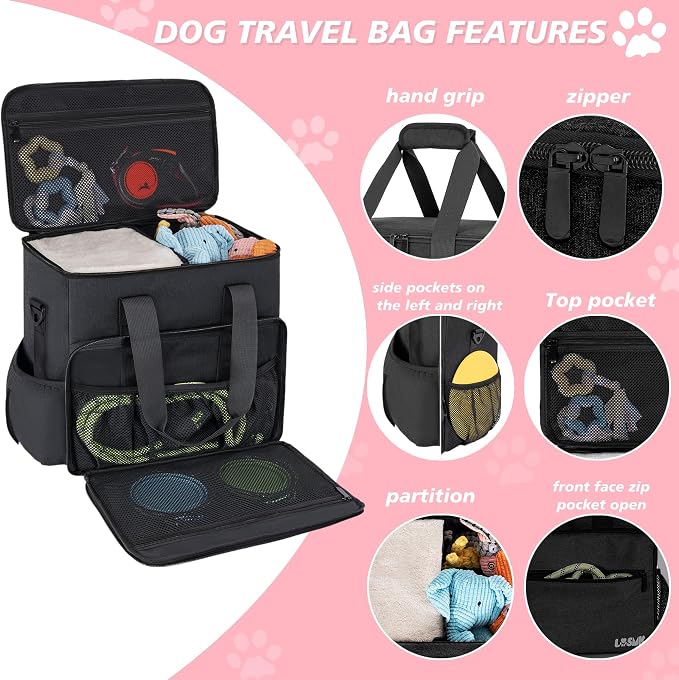 Dog Travel Bag, Large Pet Travel Set with Multi-Function Pockets | 2 Food Storage Containers, 2 Collapsible Bowls, 1 Feeding Mat for Pet Supplies, Road Trip Essentials, Weekend Camping, Black