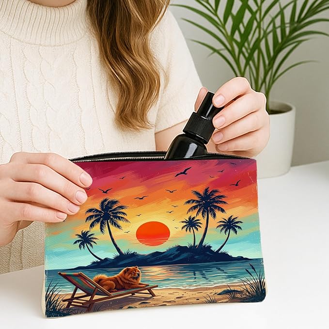 Chow Chow Dog Makeup Bag, Retro Coastal Beach Palm Tree Cosmetic Travel Pouch for Women Girls, Pet Portable Small Canvas Zipper Organizer 7x9 Inch