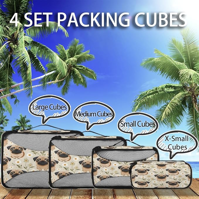 Pug Dog 4 Set Travel Packing Cubes for Accessories, Suitcase Organizers Luggage Bags Set with Double Zippers & Mesh Top