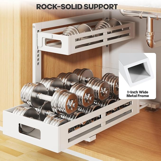 2 Pack 19IN-Depth Under Sink Organizer,Pull Out Cabinet Organizer With Smooth Cylindrical Rail,Metal Slide Out Drawer for Kitchen Bathroom Laundry,8-Level Tool Free Height Adjustable-White