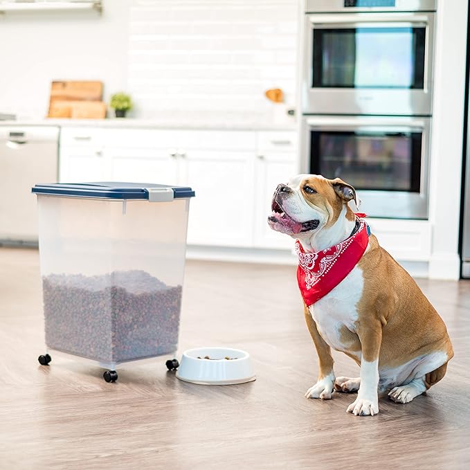 IRIS USA Dog Food Storage Container, Up to 54 lbs, Navy, Made in USA | Wheels for Mobility, Airtight Seal, BPA-Free, Best for Bird Seed, Cat food, Cat Litter, Chicken Feed, Pellets