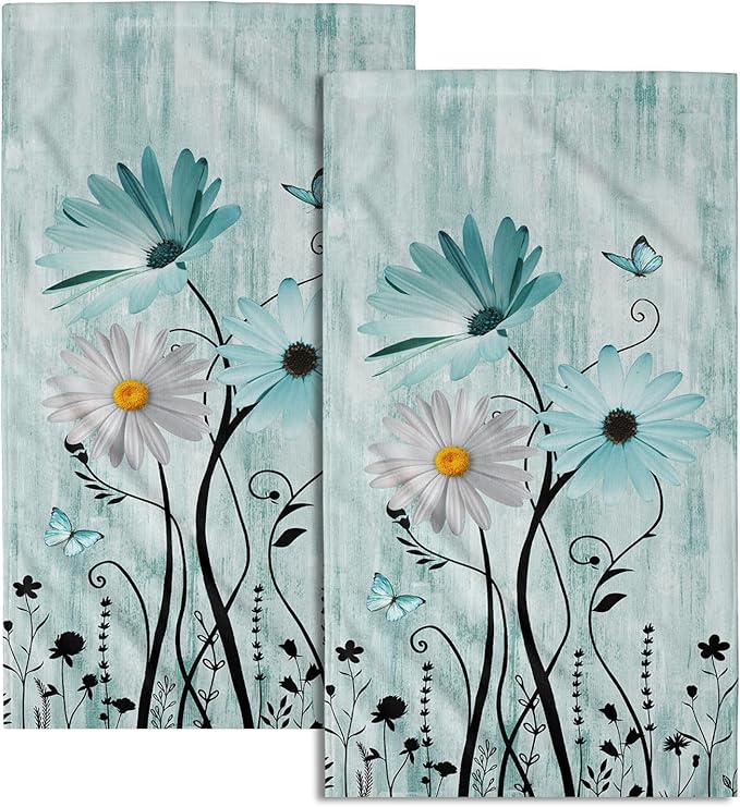 Giwawa Daisy Towel Set of 2, Spring Teal White Floral Hand Fingertip Towels, Turquoise Flowers Butterfly Face Kitchen Towel Fast Dry Dish Wash Cloth for Hotel Bathroom Gym Home Spa Decor