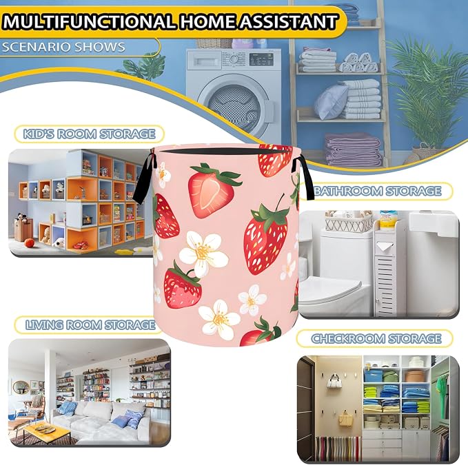 Fresh Strawberry Laundry Basket,Dirty Clothes Hamper,Red Fruit and Floral Storage Bin Gifts,Foldable Waterproof Oxford Cloth Baskets for Bathroom,Bedroom,Sweet Home Decoration(19.7" x 15.7")