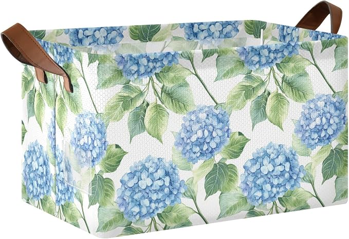 Watercolor Blue Hydrangea Flowers Storage Bins for Shelves with Labels&Handles Fabric Organizer Bin Foldable Rectangle Storage Basket Boxes for Closet, Bathroom, Home, Living Room