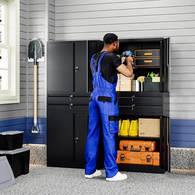 Metal Garage Storage Cabinet with Locking Doors and Adjustable Shelves, 71" Tool Storage Cabinet with 2 Drawer for Garage,Warehouse