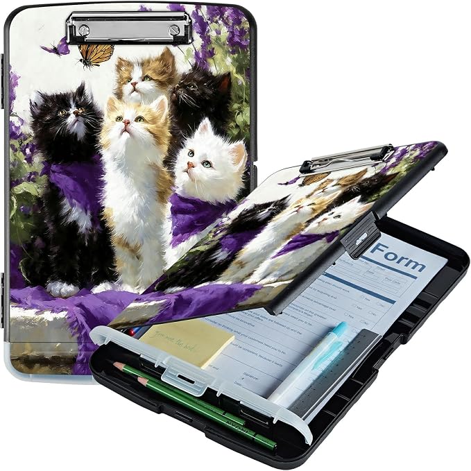 A4 Clipboard with Storage Pen Holder, Clipboards Organizer Nursing Clipboard Foldable File Folder Plastic Clipboard Folio Clip Board for Office Work Classroom Doctor, Lavender Cat