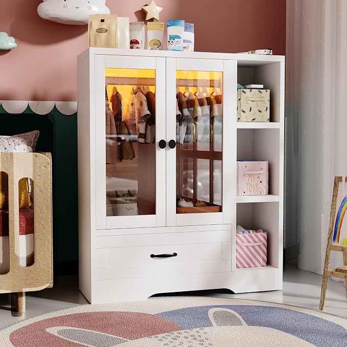 Pet Wardrobe Cabinet, Dog Clothes Closet with RGB LED, Acrylic Door & Drawer, MDF Wooden Storage Organizer for Cat Dog, White