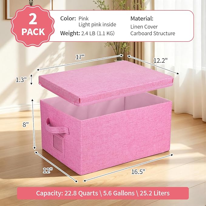 Storage Bins With Lids Closet Organizer Cabinet Box For Clothes,Toys,Shelf | 2 Pack, 17"X 12"X 2", Collapsible, Stackable, Dustproof, Built-In Handle, Label Slot, Linen Fabric, Cardboards, Pink