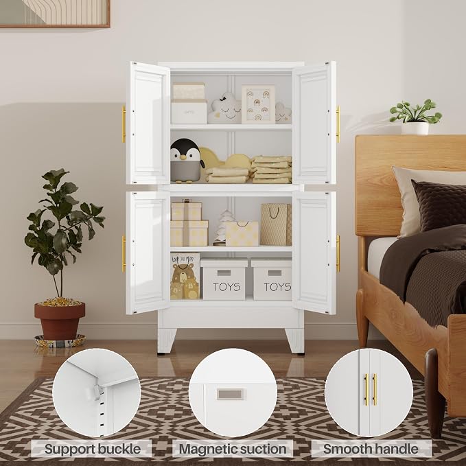 47” White Metal Bathroom Storage Cabinet, Kitchen Pantry Cabinet | Steel Storage Cabinet with Doors and 3 Adjustable Shelves, Bathroom cabinets Organizer, for Home Office, Bedroom